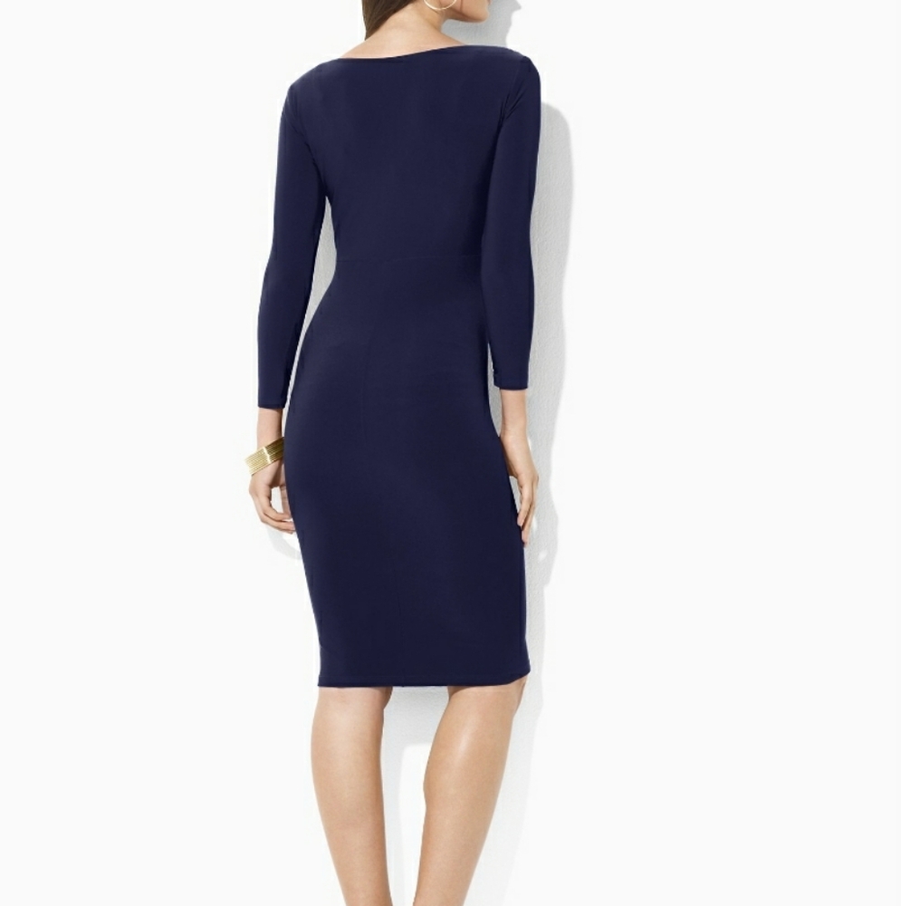 Ralph Lauren Navy Blue Faux Wrap Jersey Long Sleeve Dress Stretchy Size 14 - Picture 3 of 13